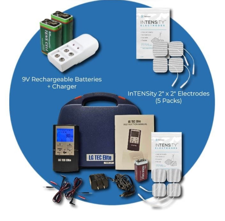 LG TEC Elite Digital TENS & EMS Combo Electrotherapy Device Bundle [Includes 5x Packs of InTENSity 2" x 2" Electrodes + 2x Rechargeable 9V Batteries With Charger]